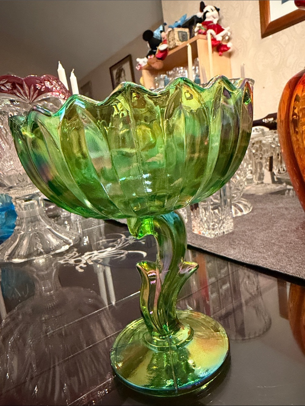 Vintage Lotus Blossom Green Carnival Glass Iridescent Compote - Picture 5 of 7